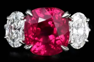 Platinum 5.10 Carat Cushion Cut Natural Madagascar Ruby & Oval Diamond Three Stone Ring Lotus/GIA Certified