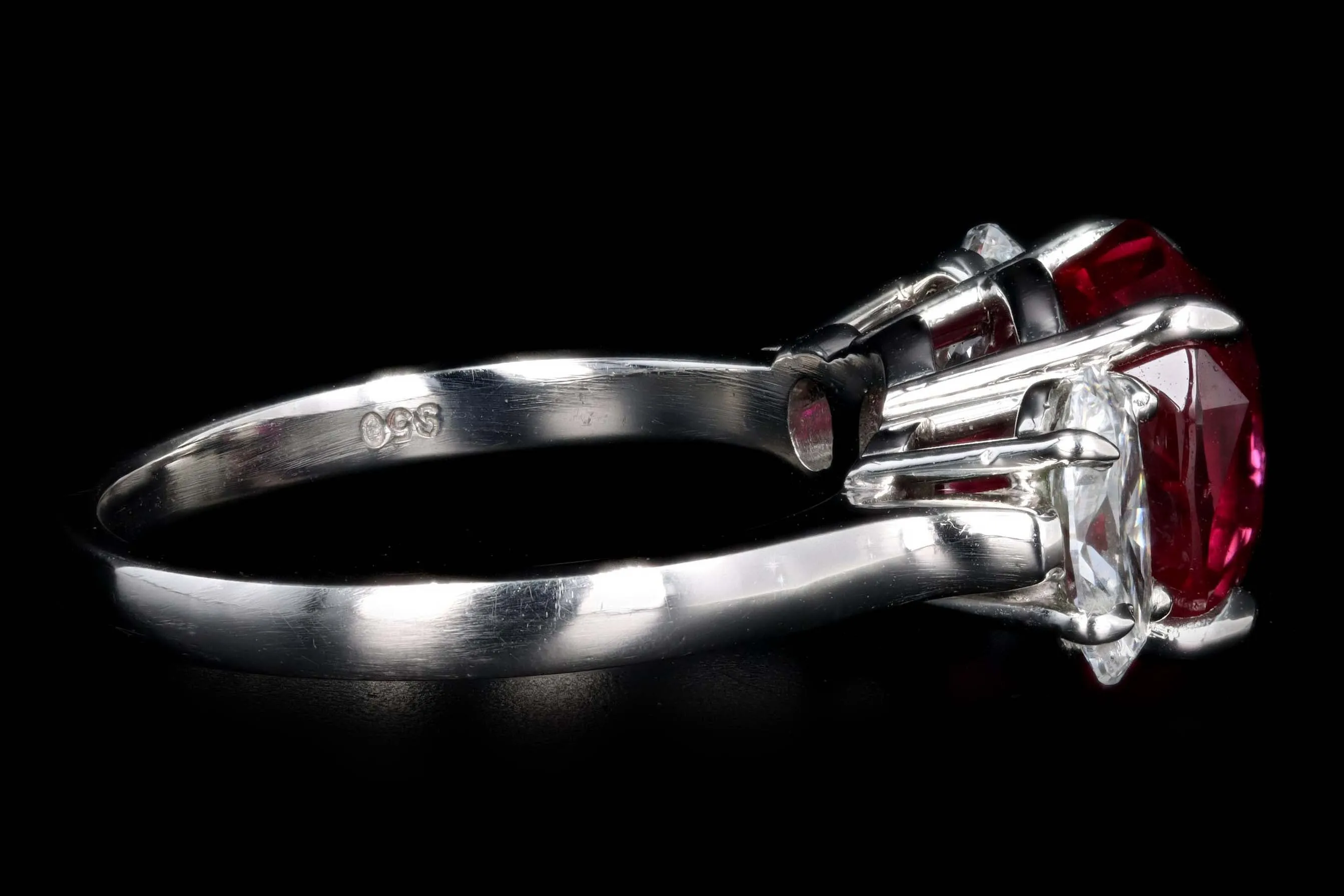 Platinum 5.10 Carat Cushion Cut Natural Madagascar Ruby & Oval Diamond Three Stone Ring Lotus/GIA Certified