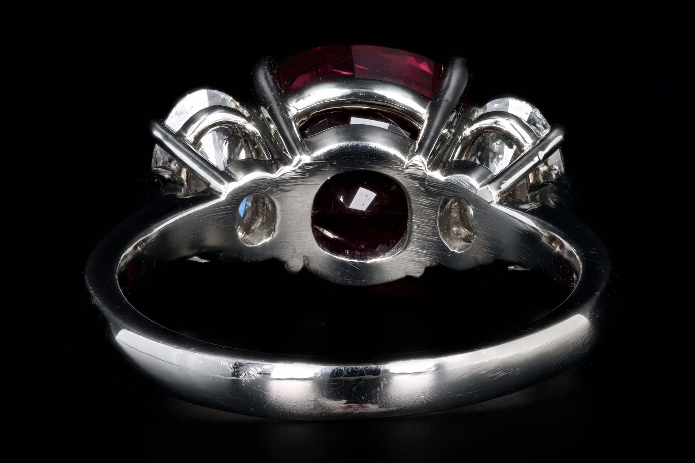 Platinum 5.10 Carat Cushion Cut Natural Madagascar Ruby & Oval Diamond Three Stone Ring Lotus/GIA Certified