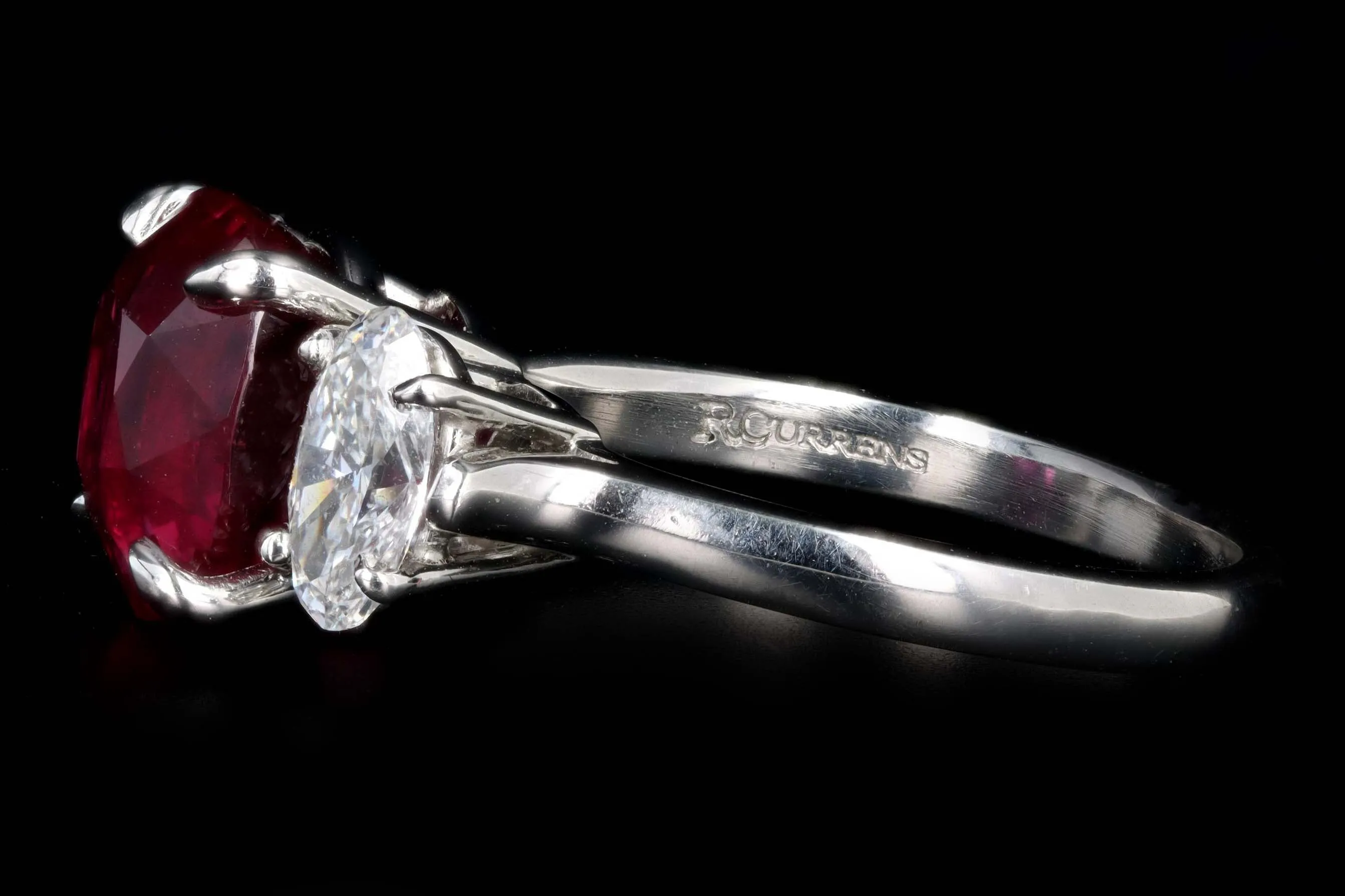 Platinum 5.10 Carat Cushion Cut Natural Madagascar Ruby & Oval Diamond Three Stone Ring Lotus/GIA Certified