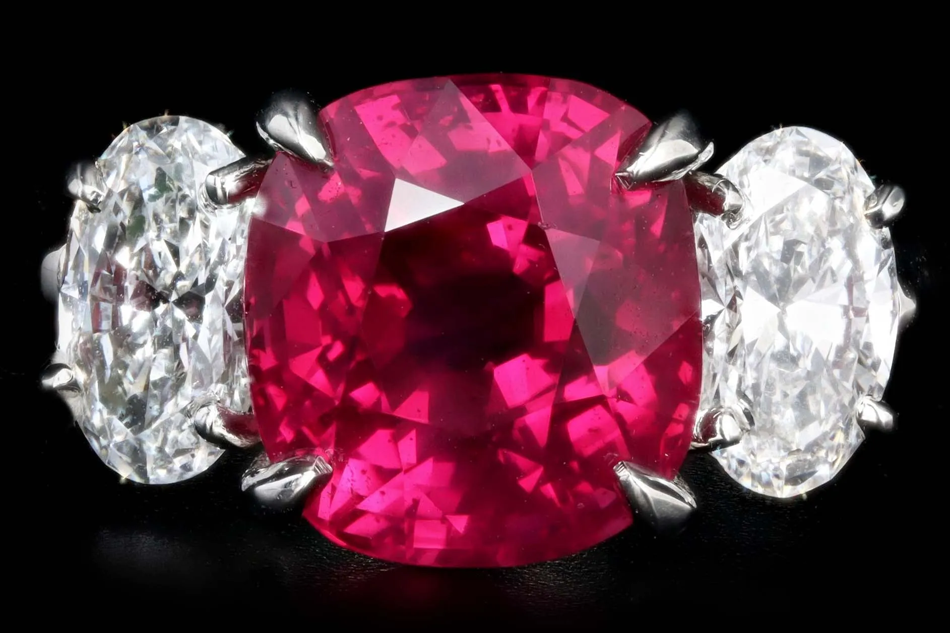 Platinum 5.10 Carat Cushion Cut Natural Madagascar Ruby & Oval Diamond Three Stone Ring Lotus/GIA Certified