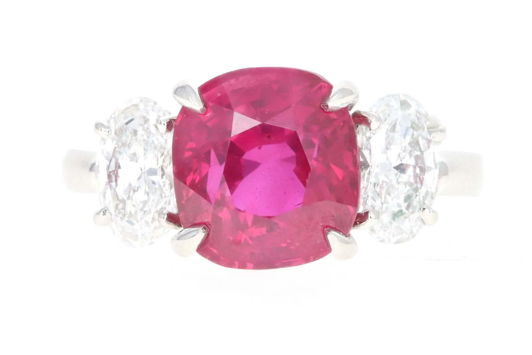 Platinum 5.10 Carat Cushion Cut Natural Madagascar Ruby & Oval Diamond Three Stone Ring Lotus/GIA Certified