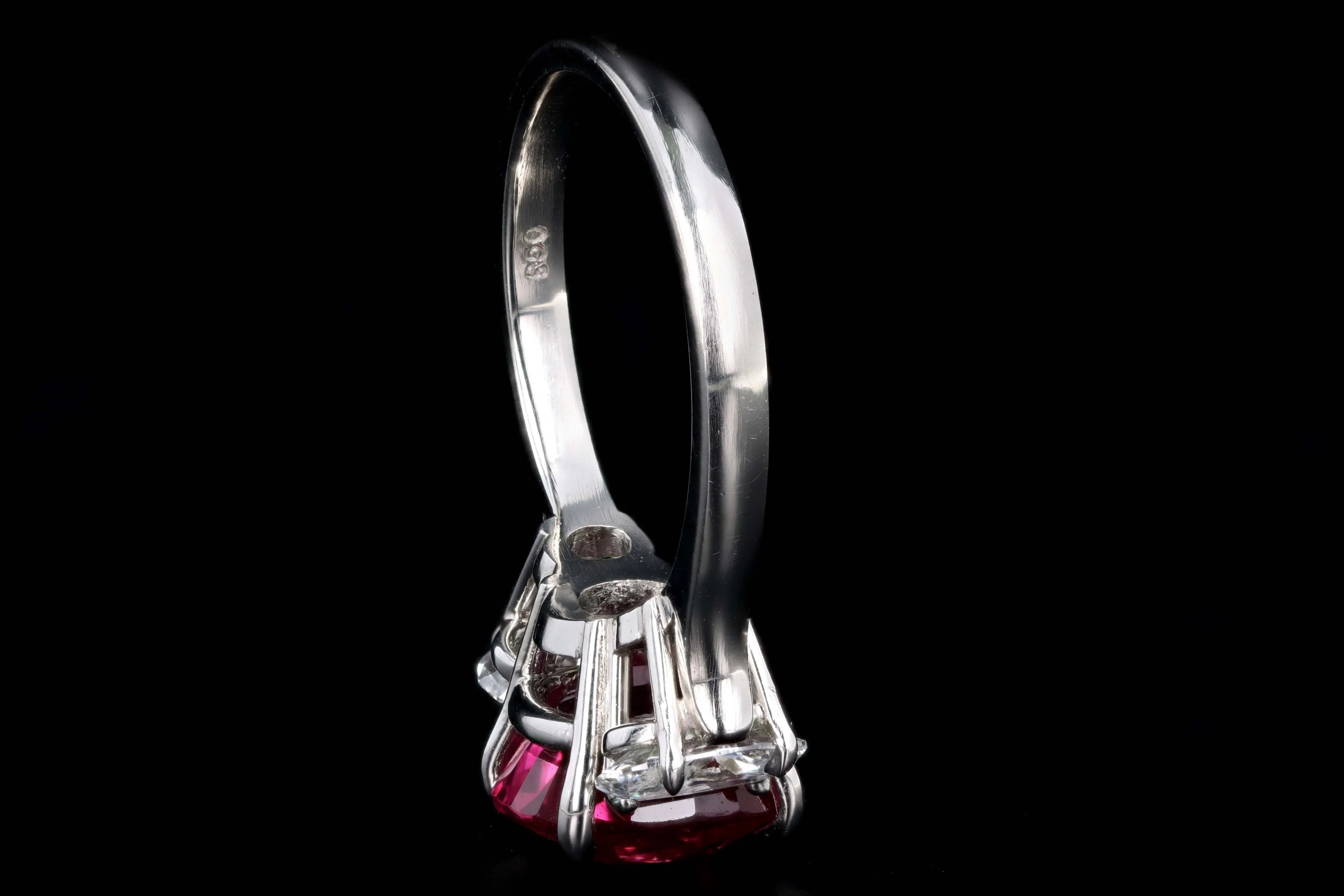 Platinum 5.10 Carat Cushion Cut Natural Madagascar Ruby & Oval Diamond Three Stone Ring Lotus/GIA Certified