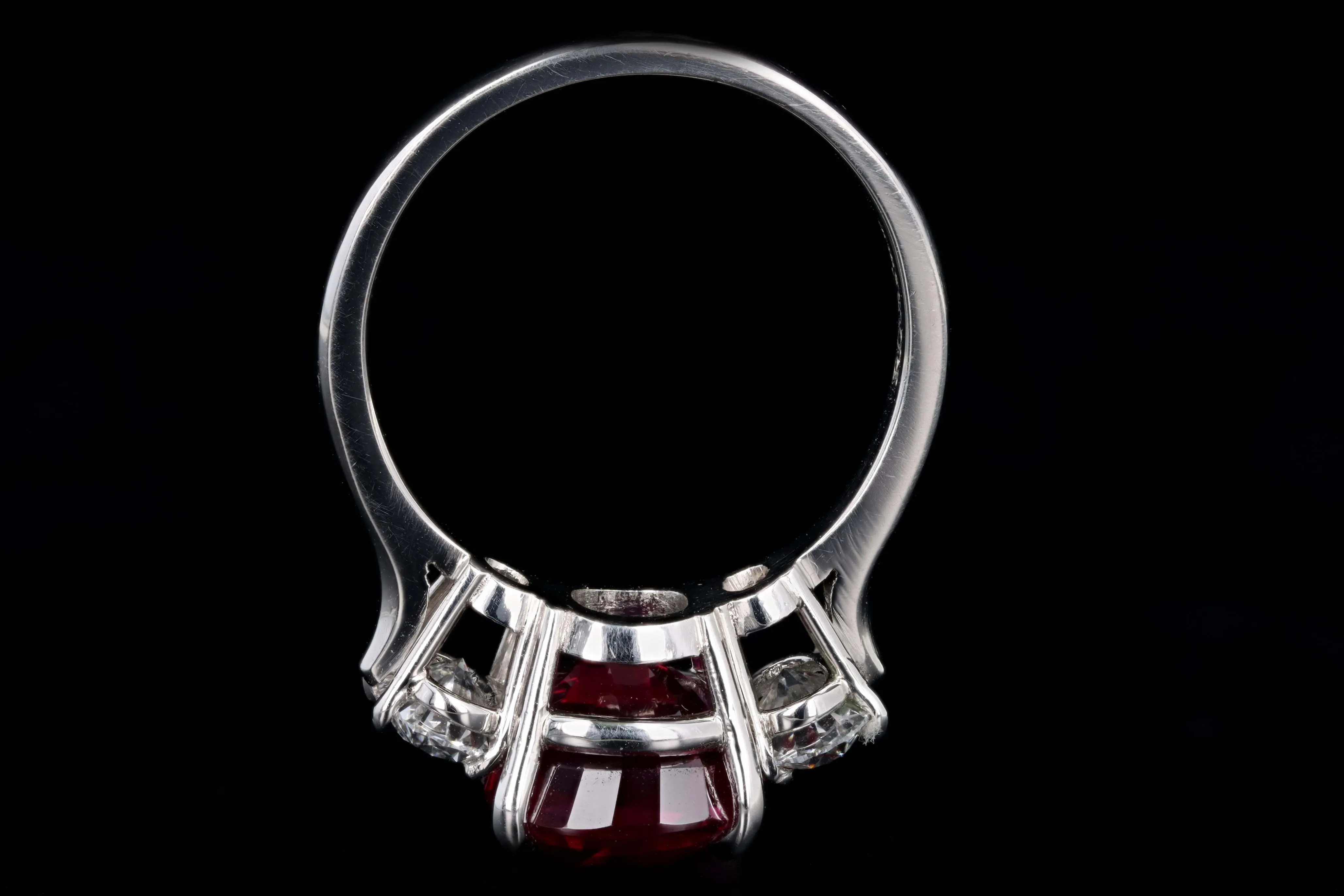 Platinum 5.10 Carat Cushion Cut Natural Madagascar Ruby & Oval Diamond Three Stone Ring Lotus/GIA Certified