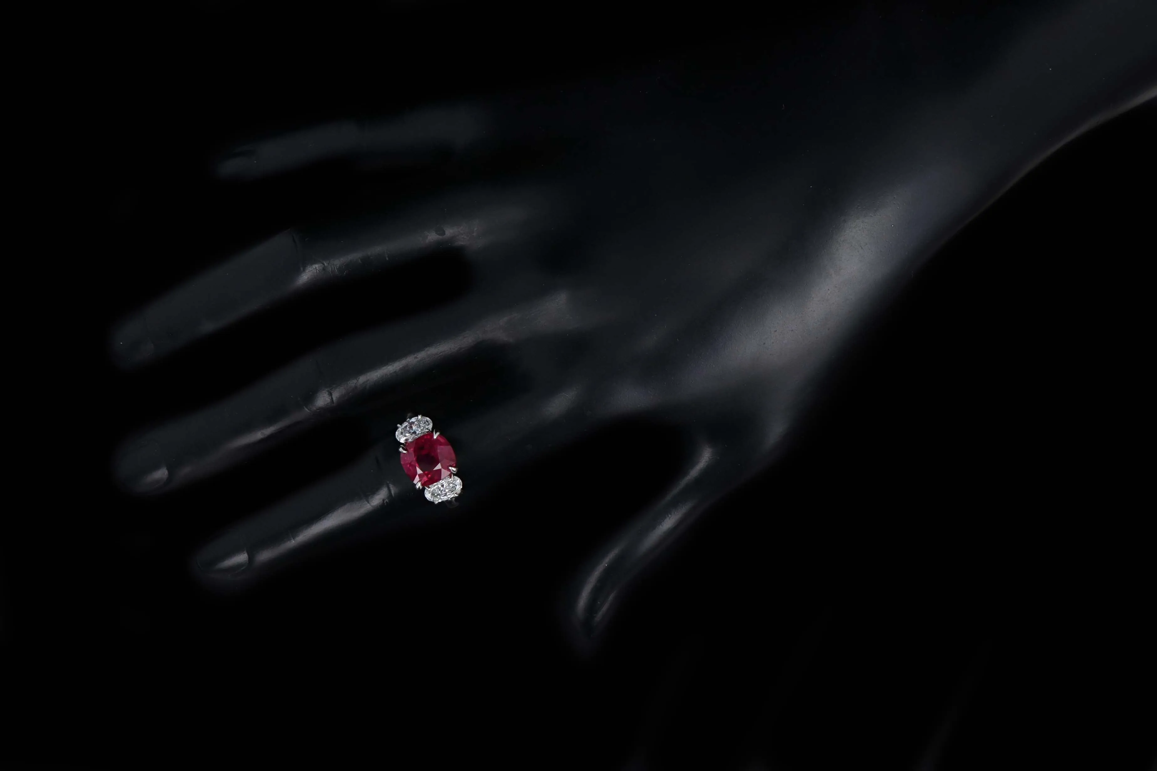 Platinum 5.10 Carat Cushion Cut Natural Madagascar Ruby & Oval Diamond Three Stone Ring Lotus/GIA Certified