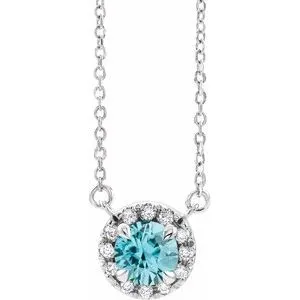 Platinum 5.5 mm Natural Blue Zircon 1/10 CTW Natural Diamond 16" Necklace
