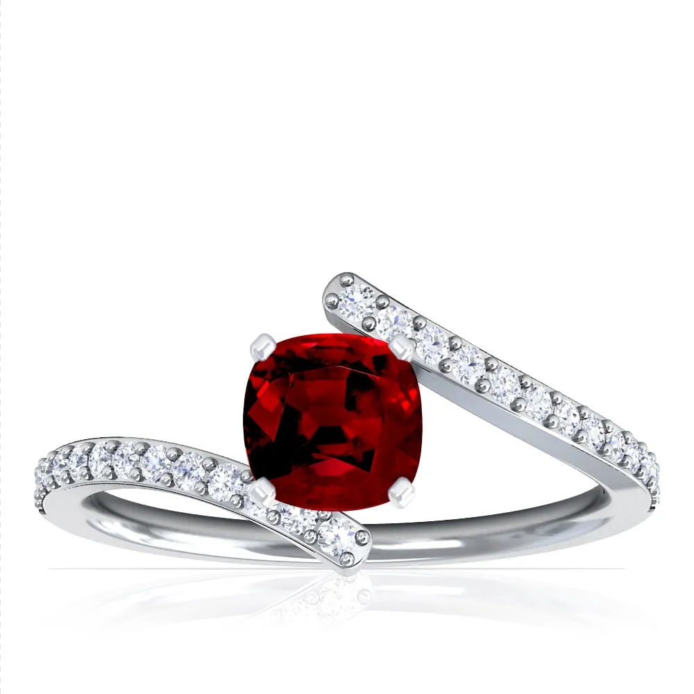 Platinum Cushion Cut Ruby And Pave Diamond Bypass Ring (1.55ctw)