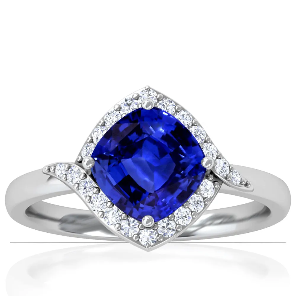 Platinum Cushion Cut Sapphire Vintage Inspired Halo Ring (2.05ctw)