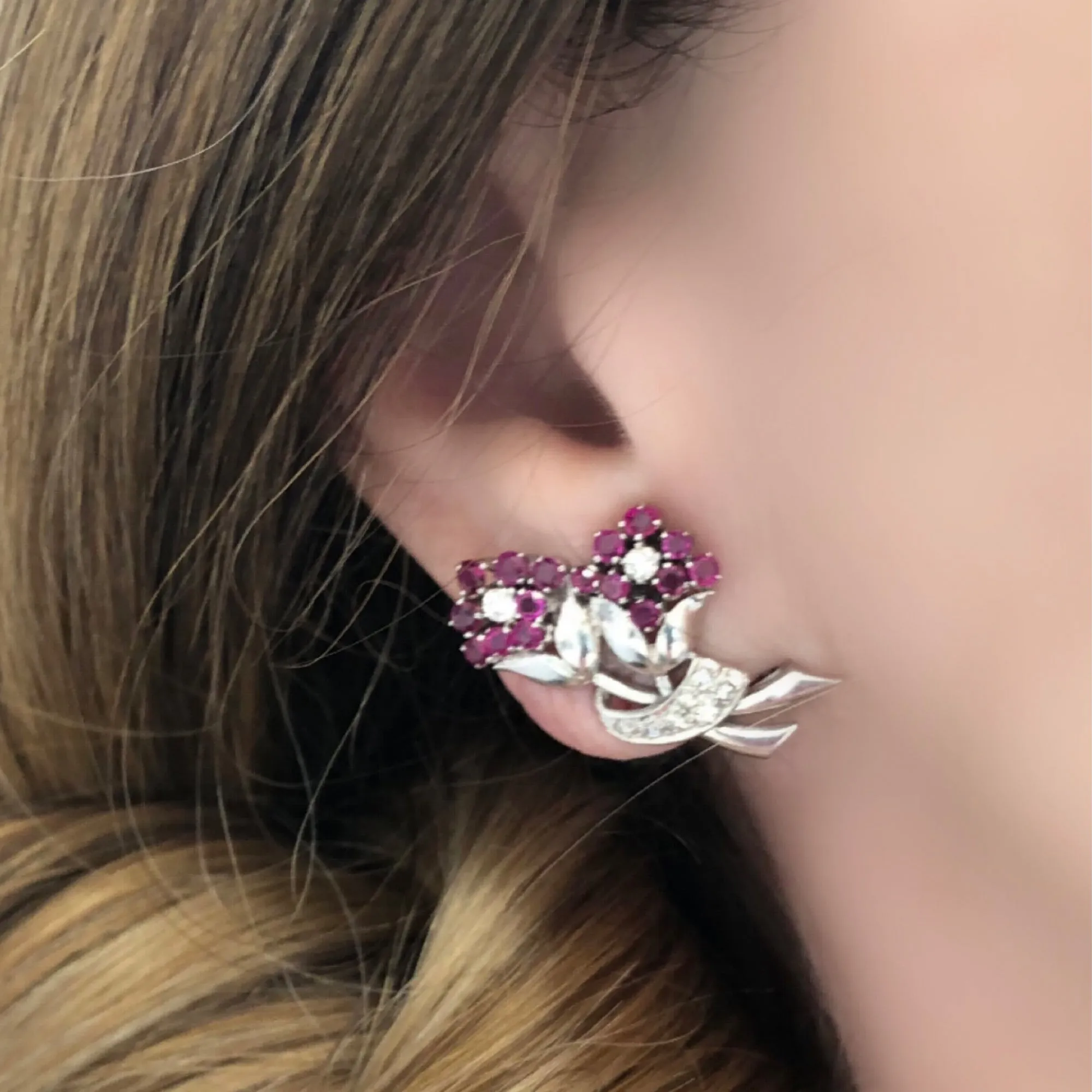 Platinum Ruby and Diamond Flower Clip-On Earrings, circa 1950
