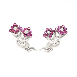Platinum Ruby and Diamond Flower Clip-On Earrings, circa 1950