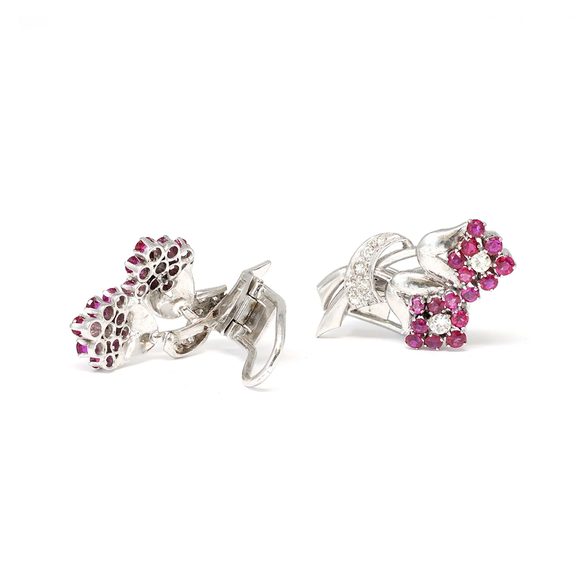 Platinum Ruby and Diamond Flower Clip-On Earrings, circa 1950