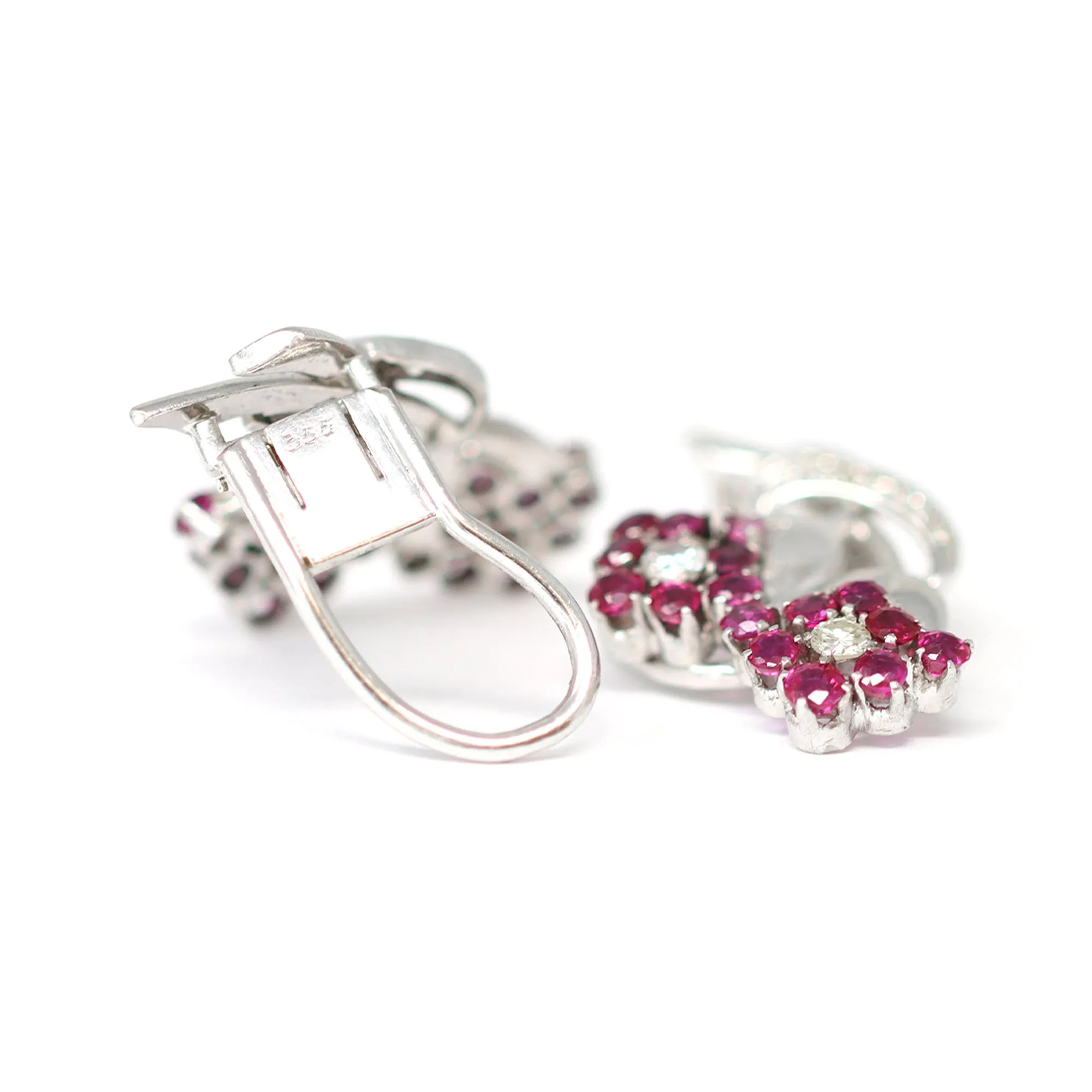 Platinum Ruby and Diamond Flower Clip-On Earrings, circa 1950