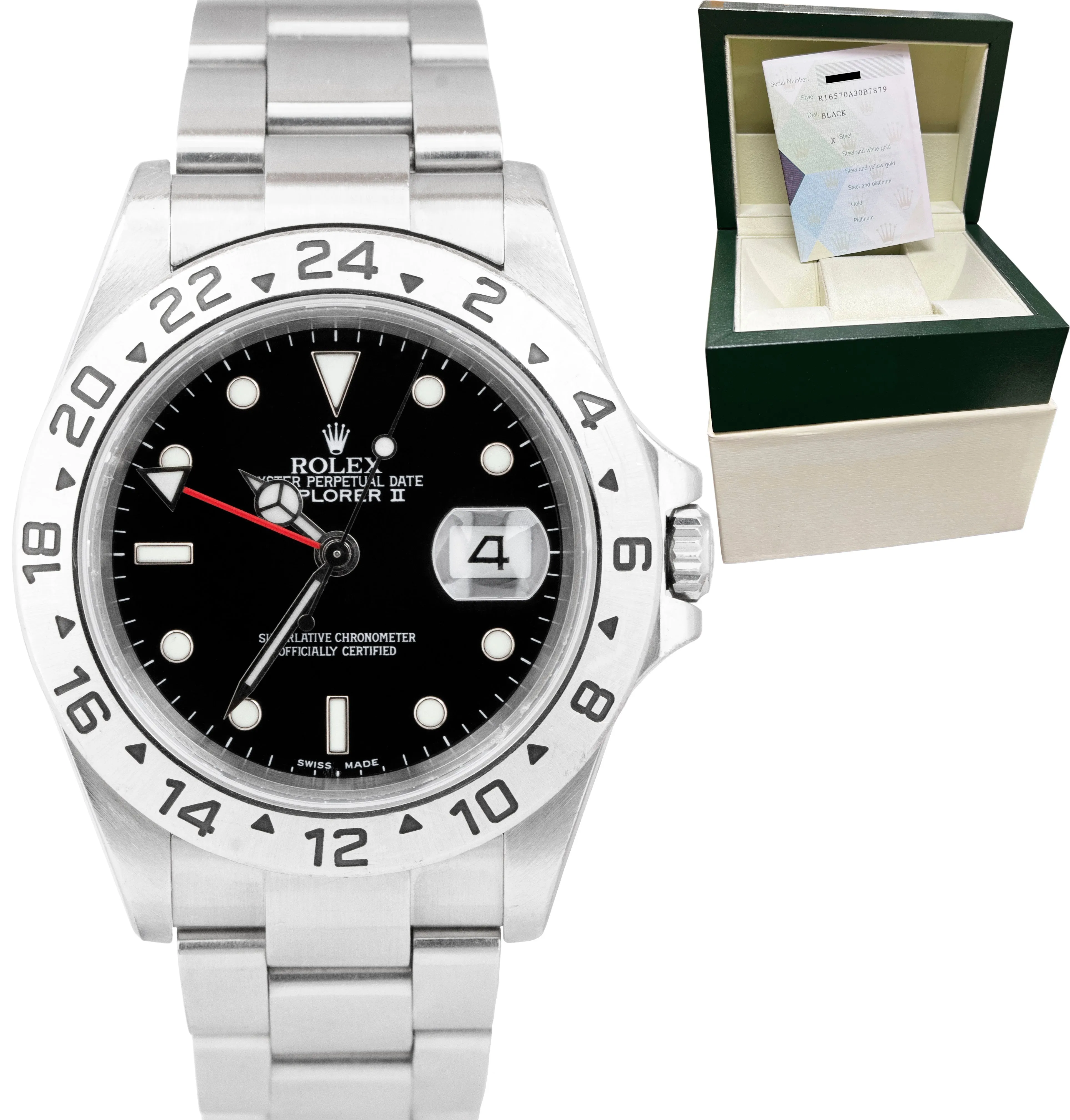 RARE ERROR 2005 Rolex Explorer II 16570 Black Steel GMT 40mm Watch PAPERS B P