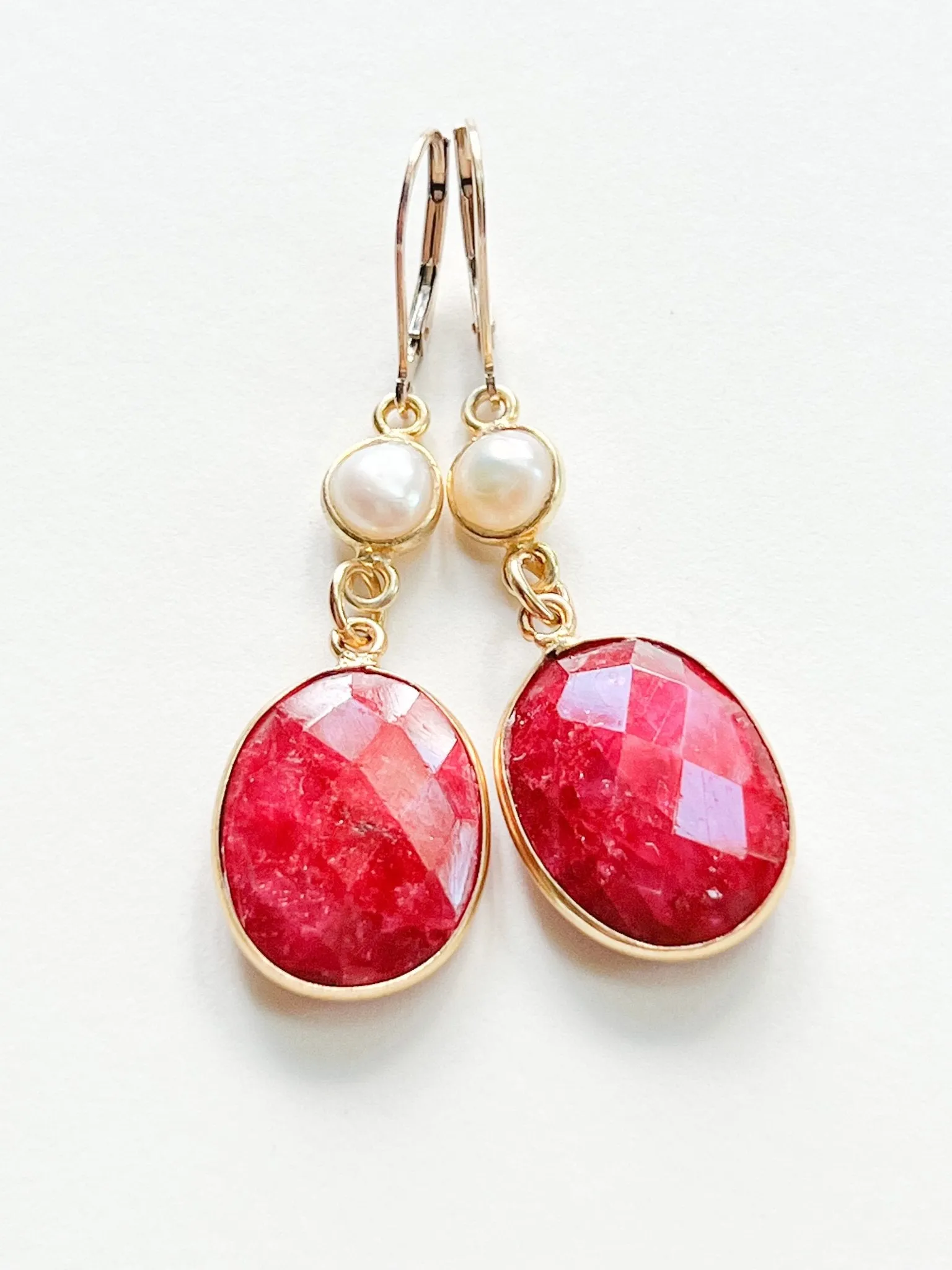 Raw Ruby Large Oval Drop Gold Earrings with Freshwater Pearls by Sage Machado