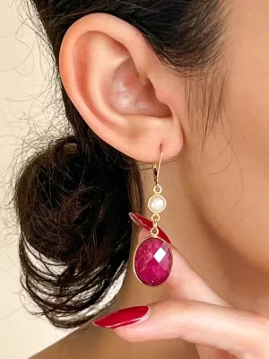 Raw Ruby Large Oval Drop Gold Earrings with Freshwater Pearls by Sage Machado