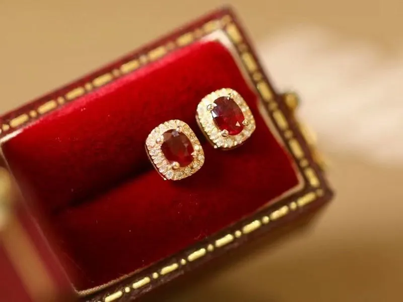 Real Gold Natural Ruby Diamond Stud Earrings