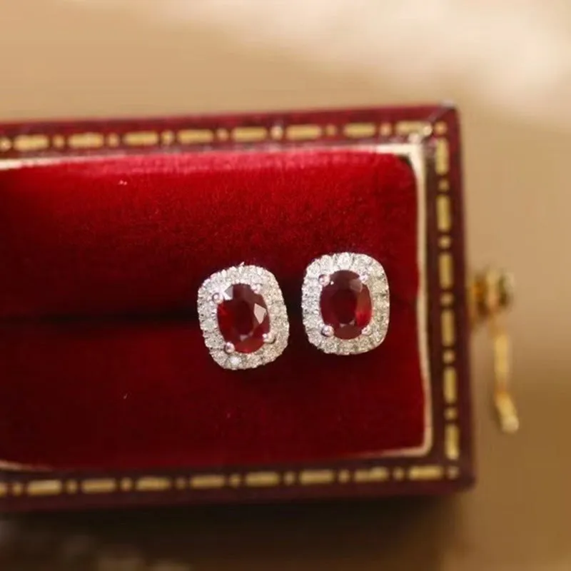 Real Gold Natural Ruby Diamond Stud Earrings