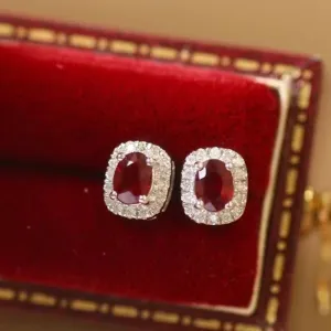 Real Gold Natural Ruby Diamond Stud Earrings