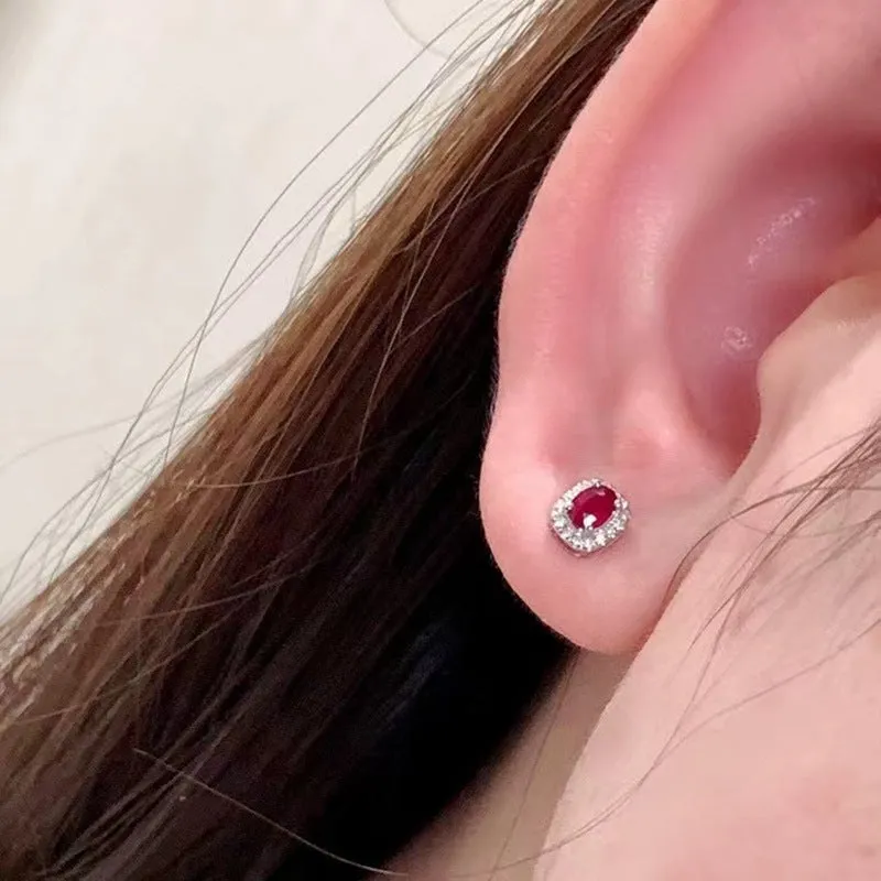 Real Gold Natural Ruby Diamond Stud Earrings