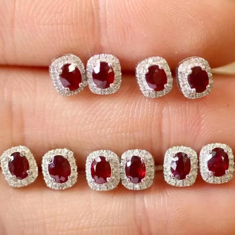 Real Gold Natural Ruby Diamond Stud Earrings
