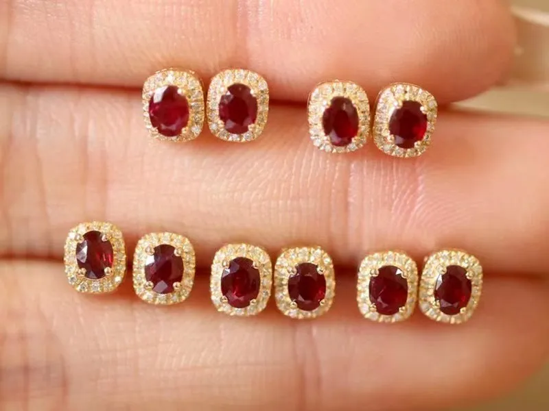 Real Gold Natural Ruby Diamond Stud Earrings