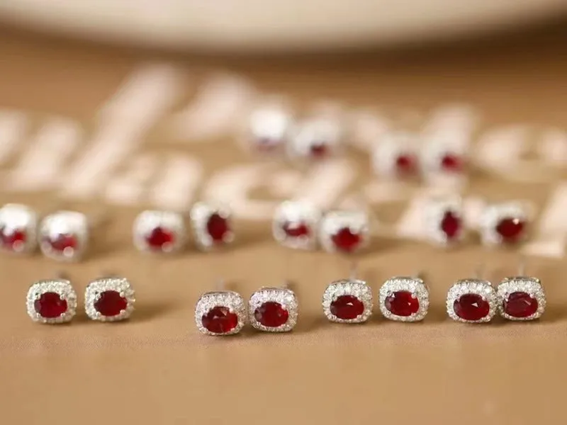 Real Gold Natural Ruby Diamond Stud Earrings