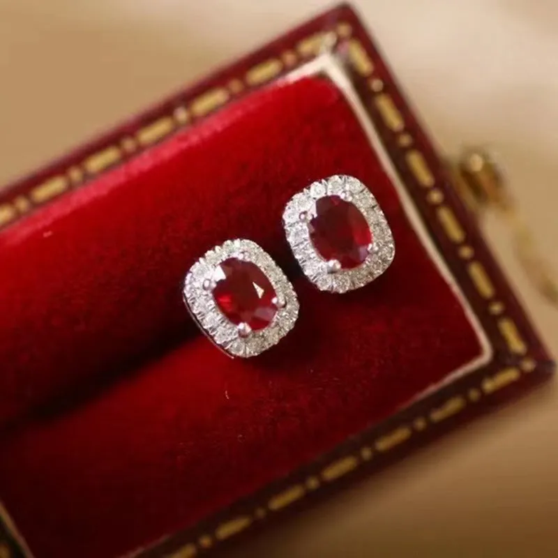 Real Gold Natural Ruby Diamond Stud Earrings