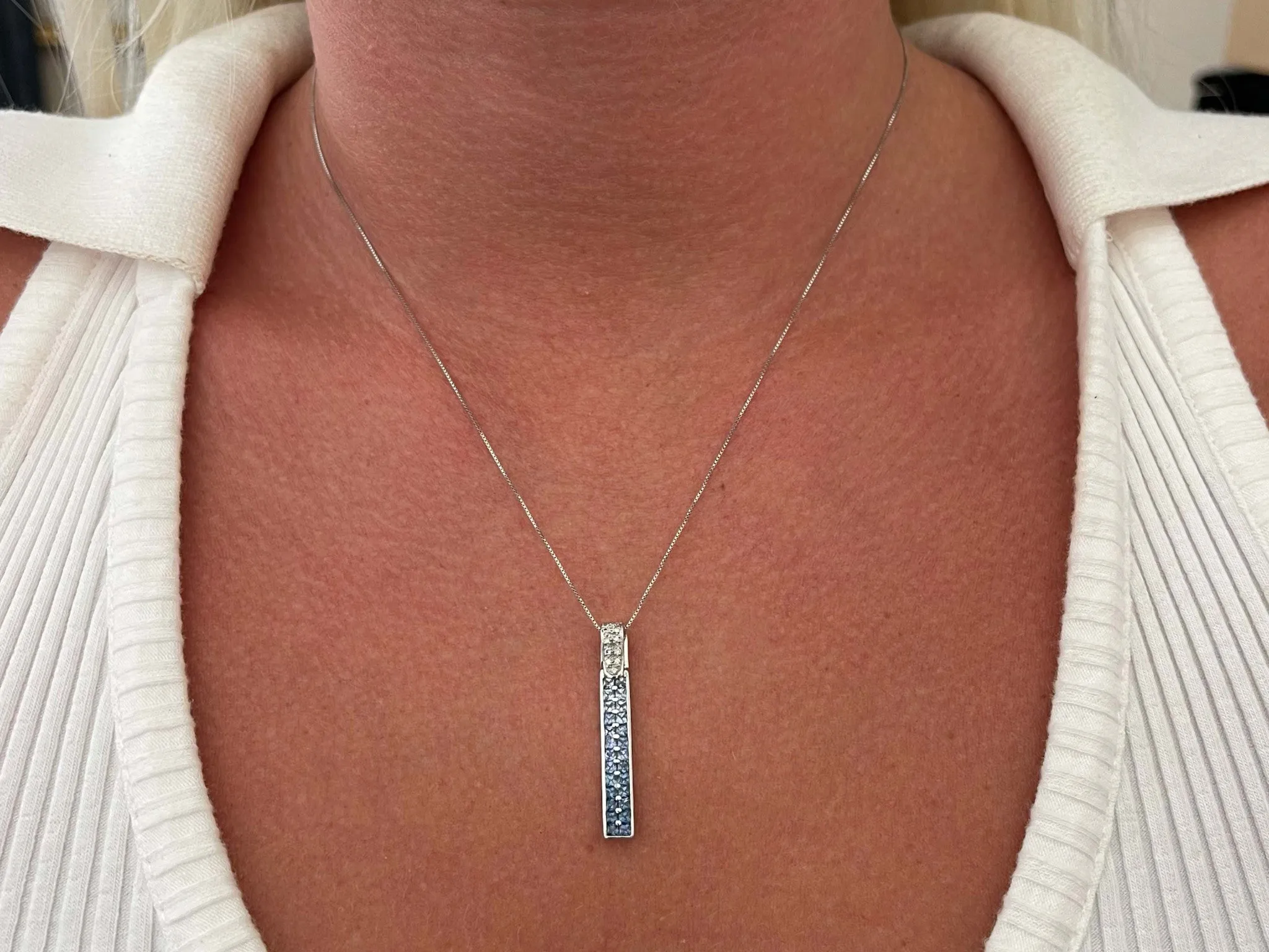 Rectangular Sapphire Diamond Drop Pendant in 14k White Gold