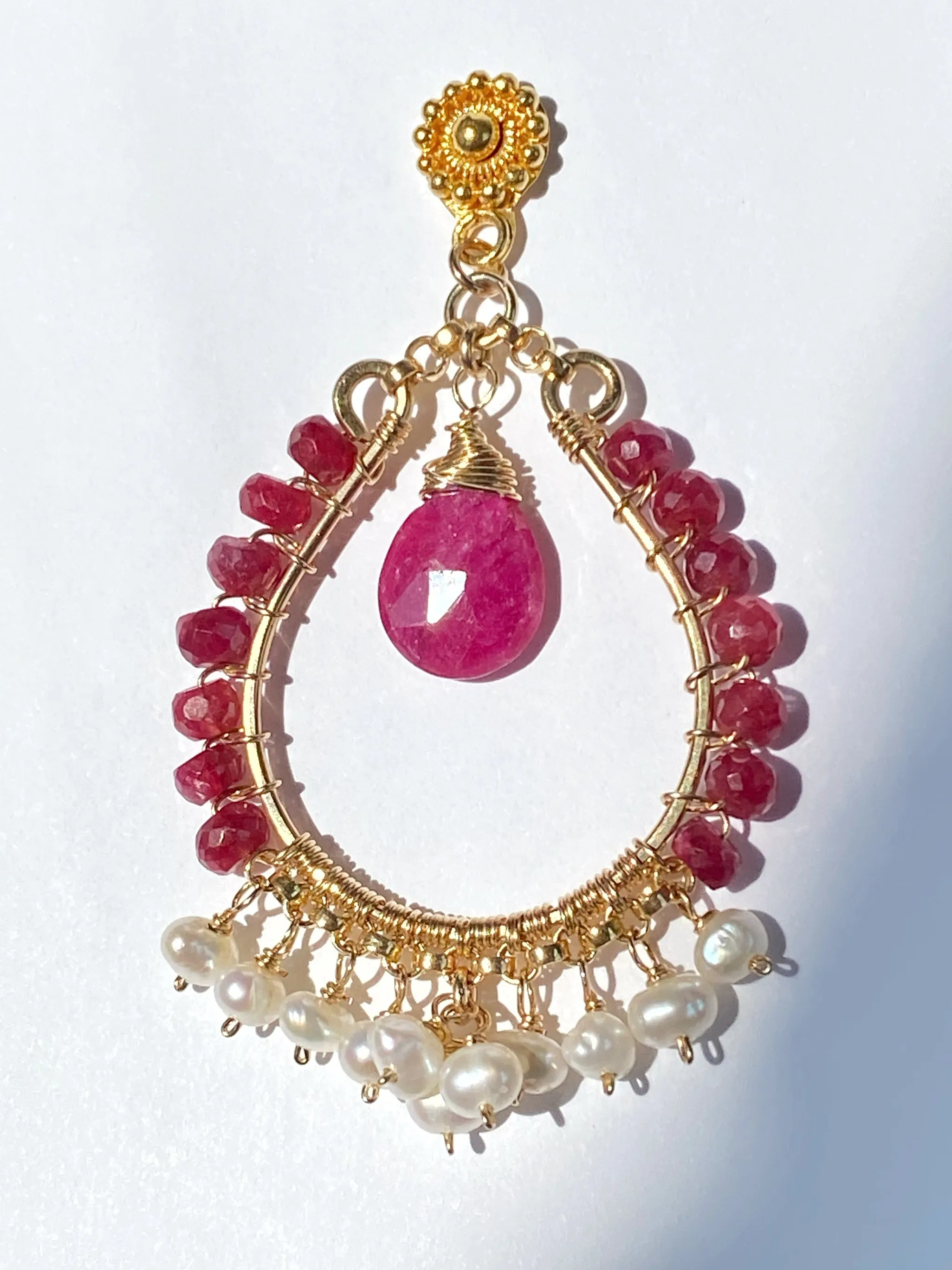 Red Ruby and Pearl Gold Hoop Statement Earrings