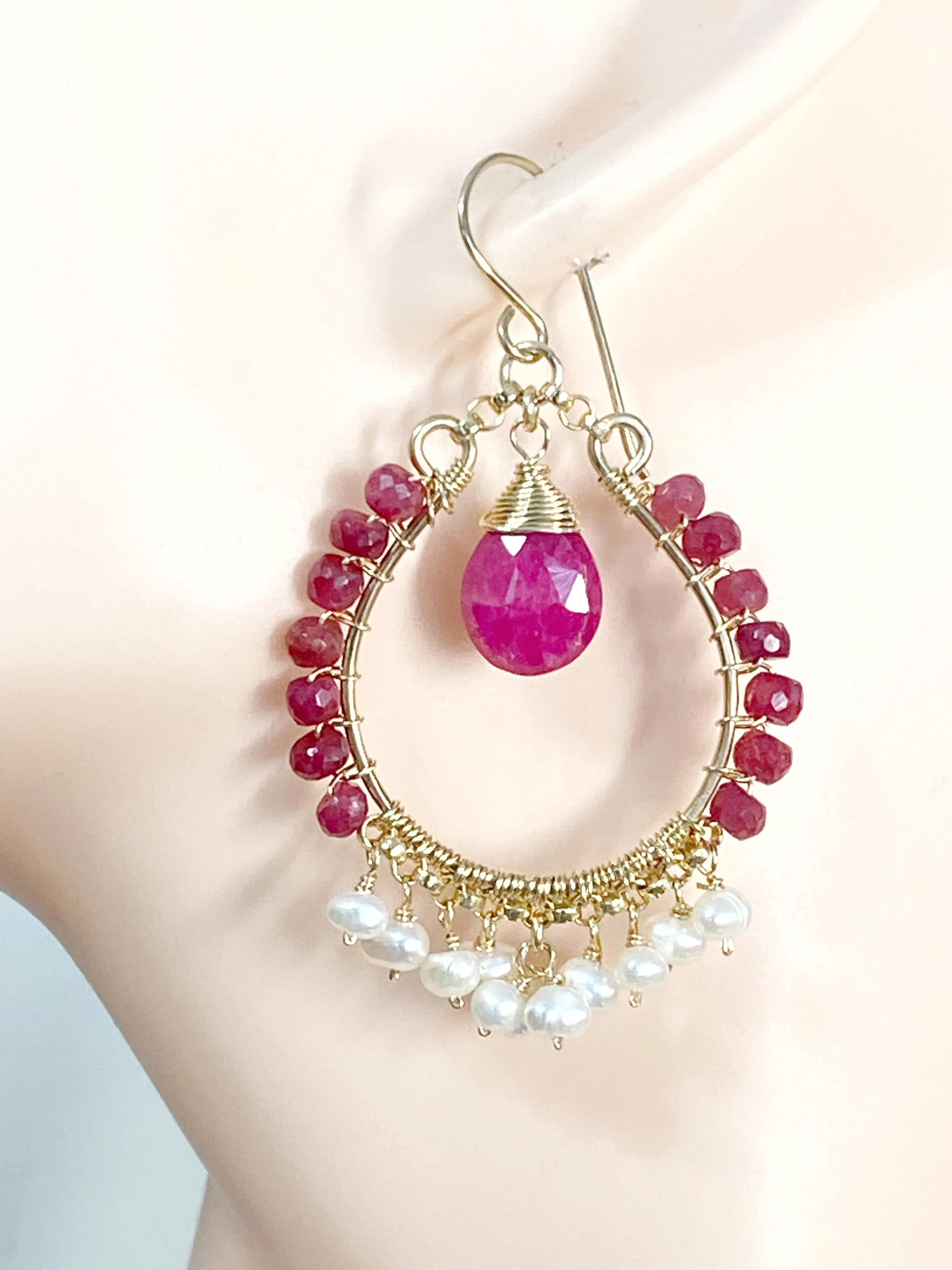 Red Ruby and Pearl Gold Hoop Statement Earrings