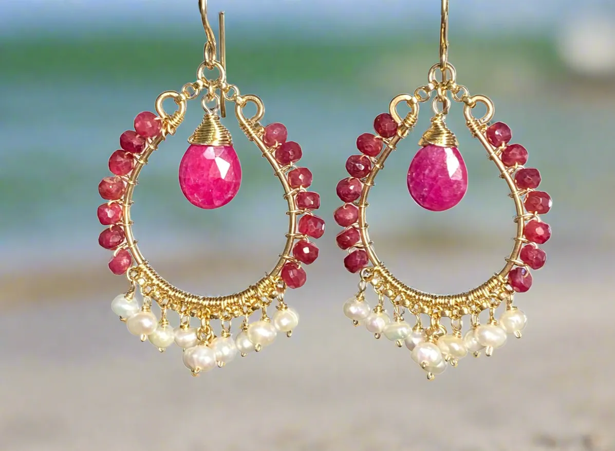 Red Ruby and Pearl Gold Hoop Statement Earrings