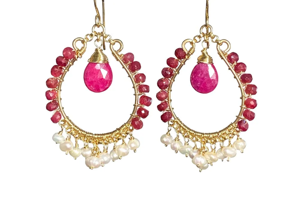 Red Ruby and Pearl Gold Hoop Statement Earrings