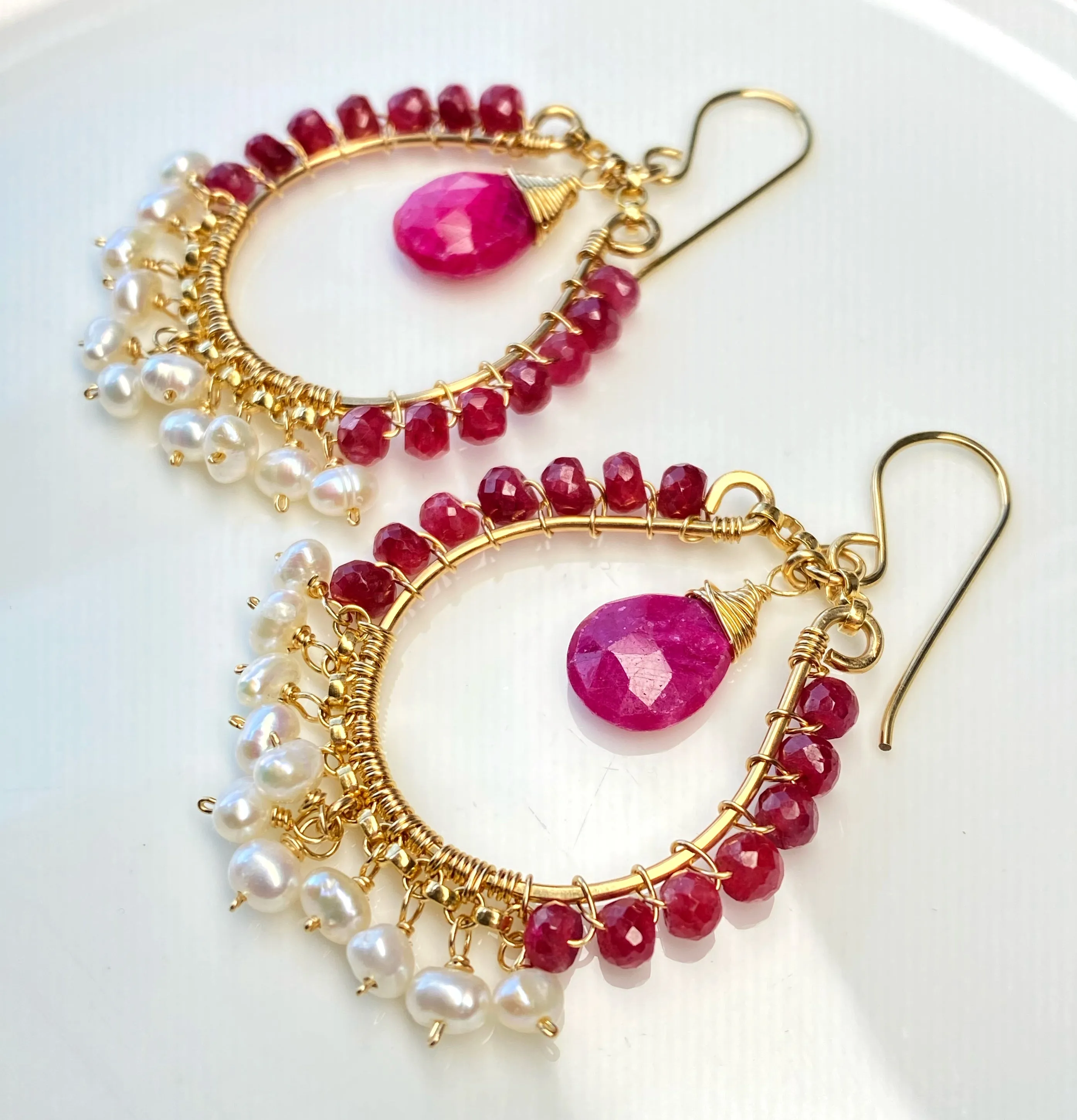 Red Ruby and Pearl Gold Hoop Statement Earrings