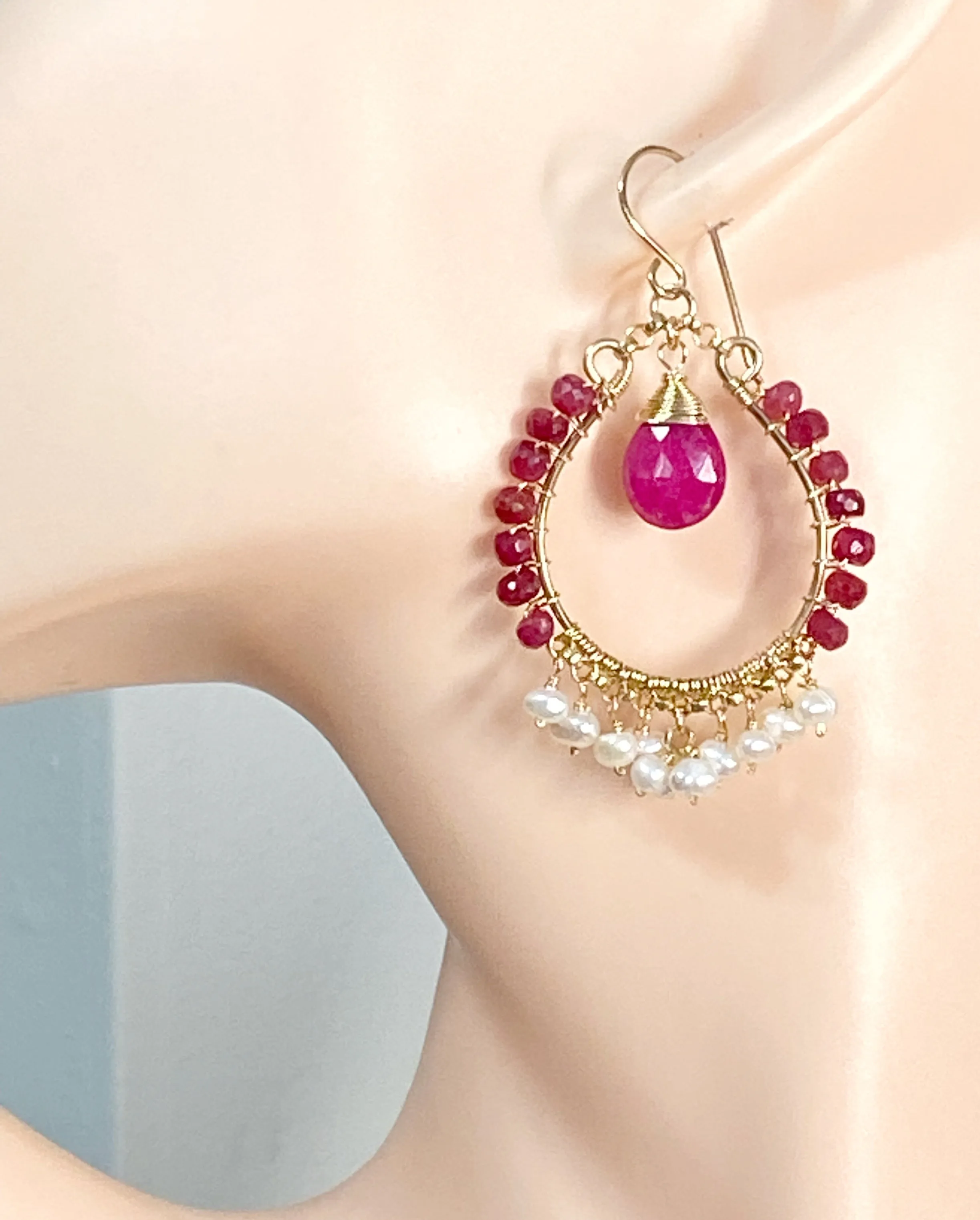 Red Ruby and Pearl Gold Hoop Statement Earrings