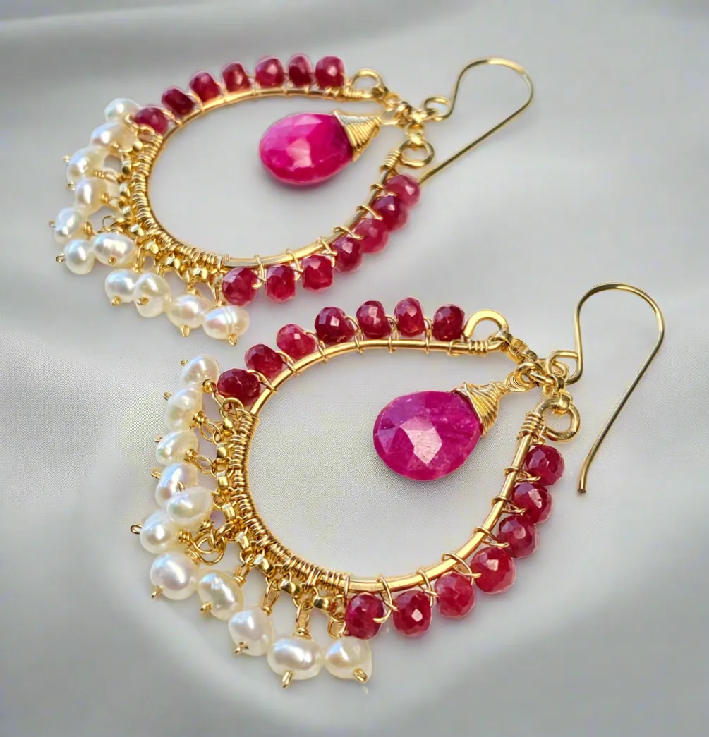 Red Ruby and Pearl Gold Hoop Statement Earrings