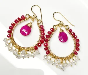 Red Ruby and Pearl Gold Hoop Statement Earrings