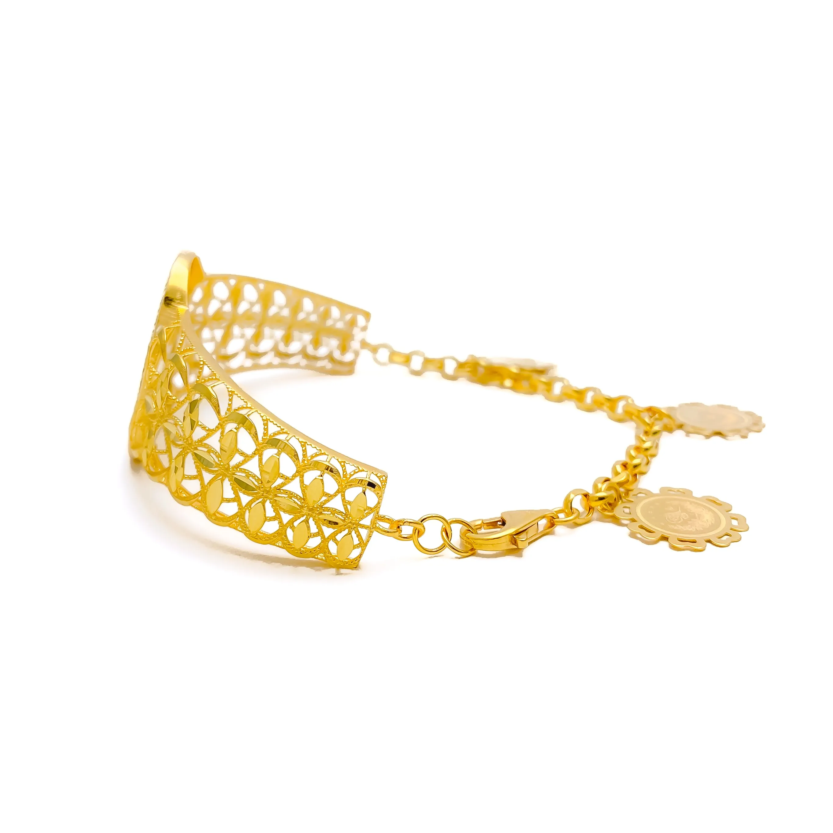 Reflective Leaf Adorned 21K Gold Flexi Bangle Bracelet