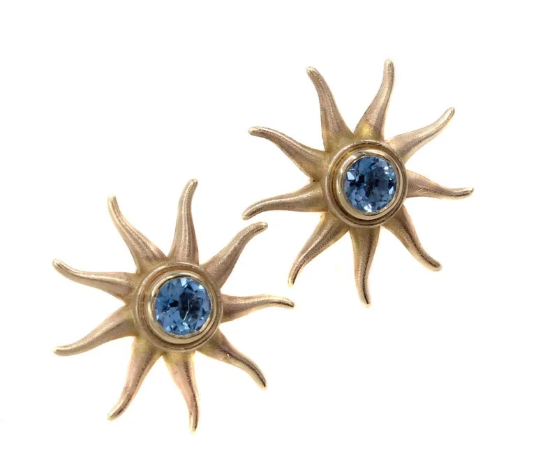 Rive Gauche Jewelry Blue Topaz Sunburst Gold Earrings