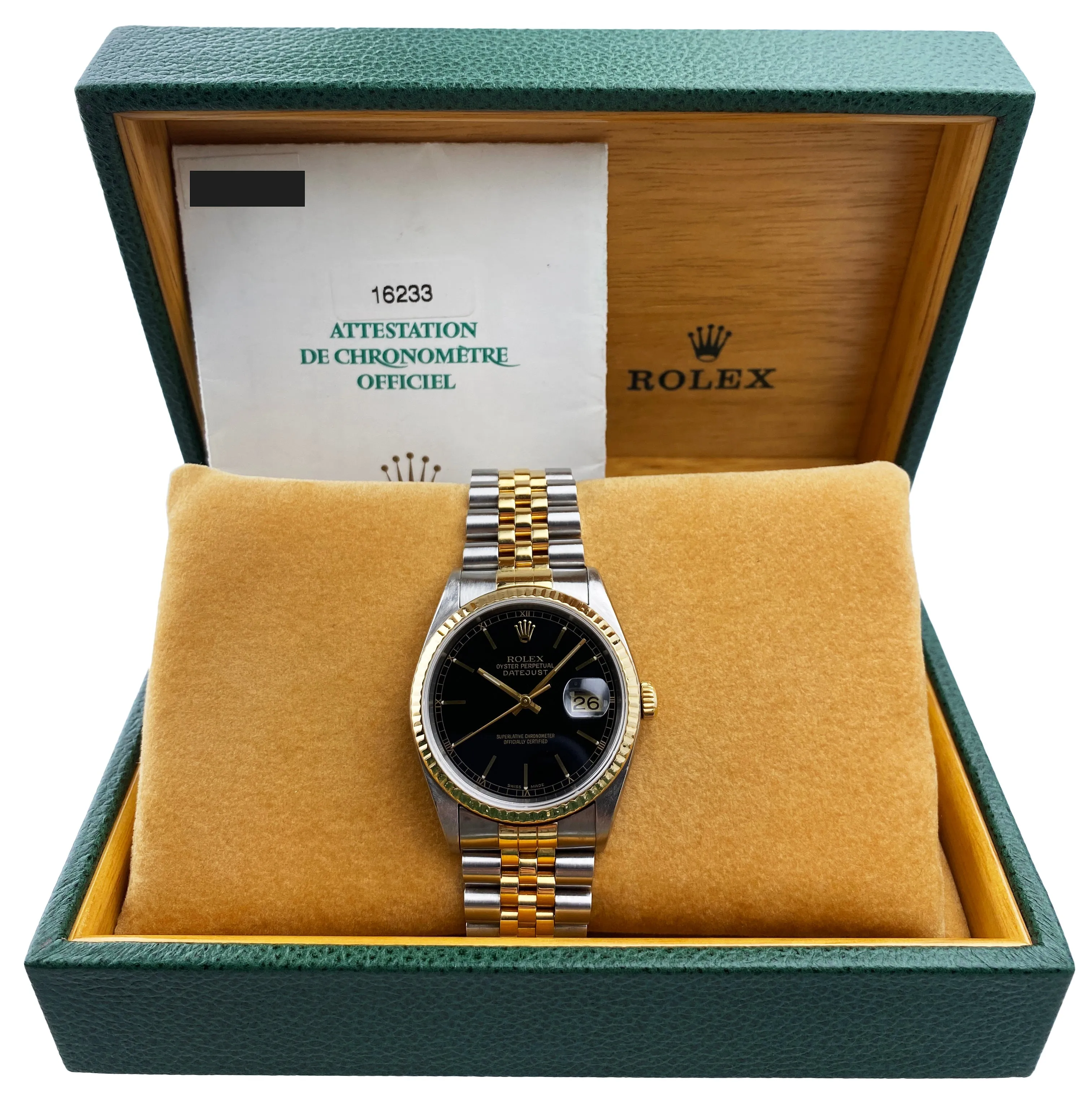 Rolex Datejust 16233 Black Dial Mens Watch Box Papers