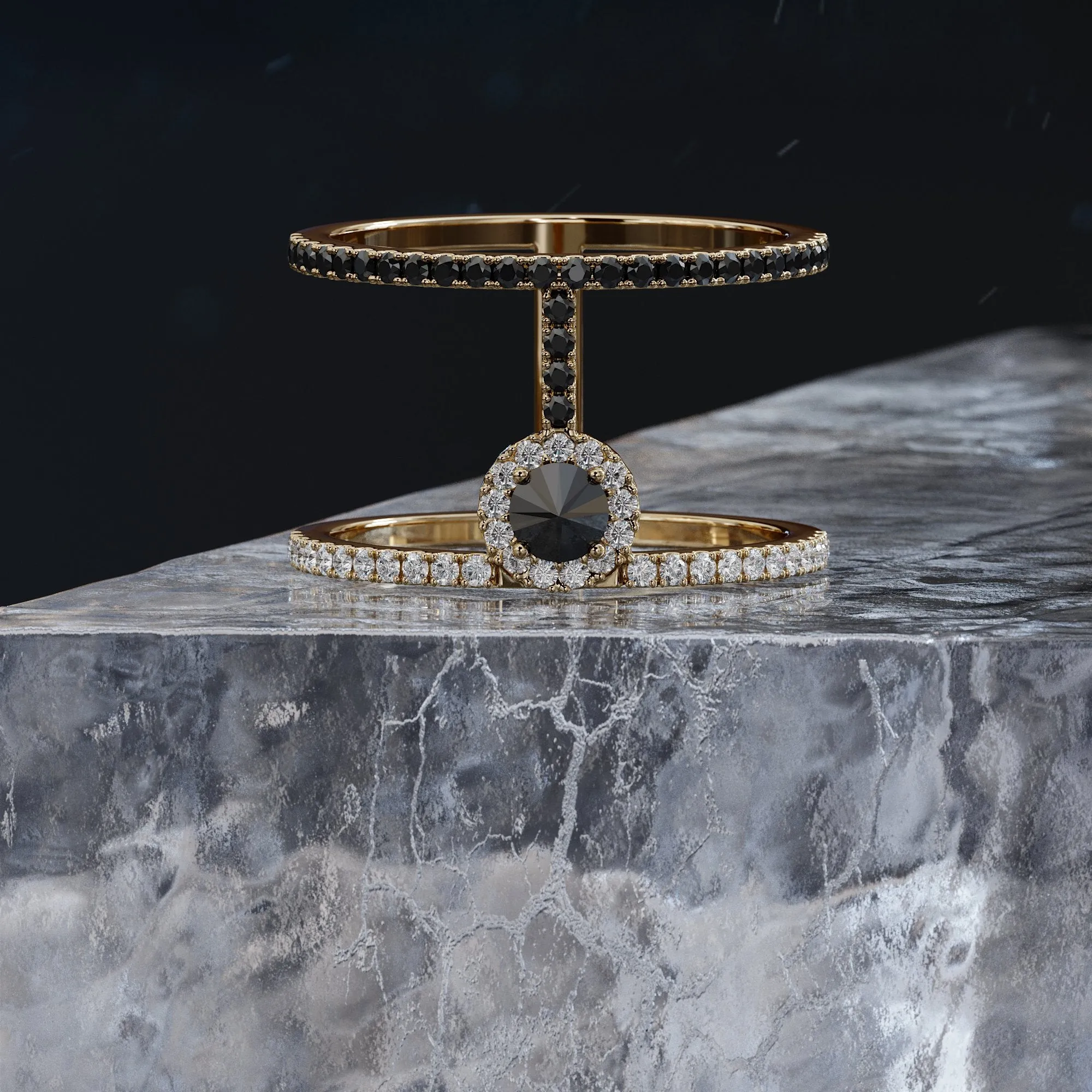 Rosa Negra Unique  Natural Black & White Round Diamond Ring