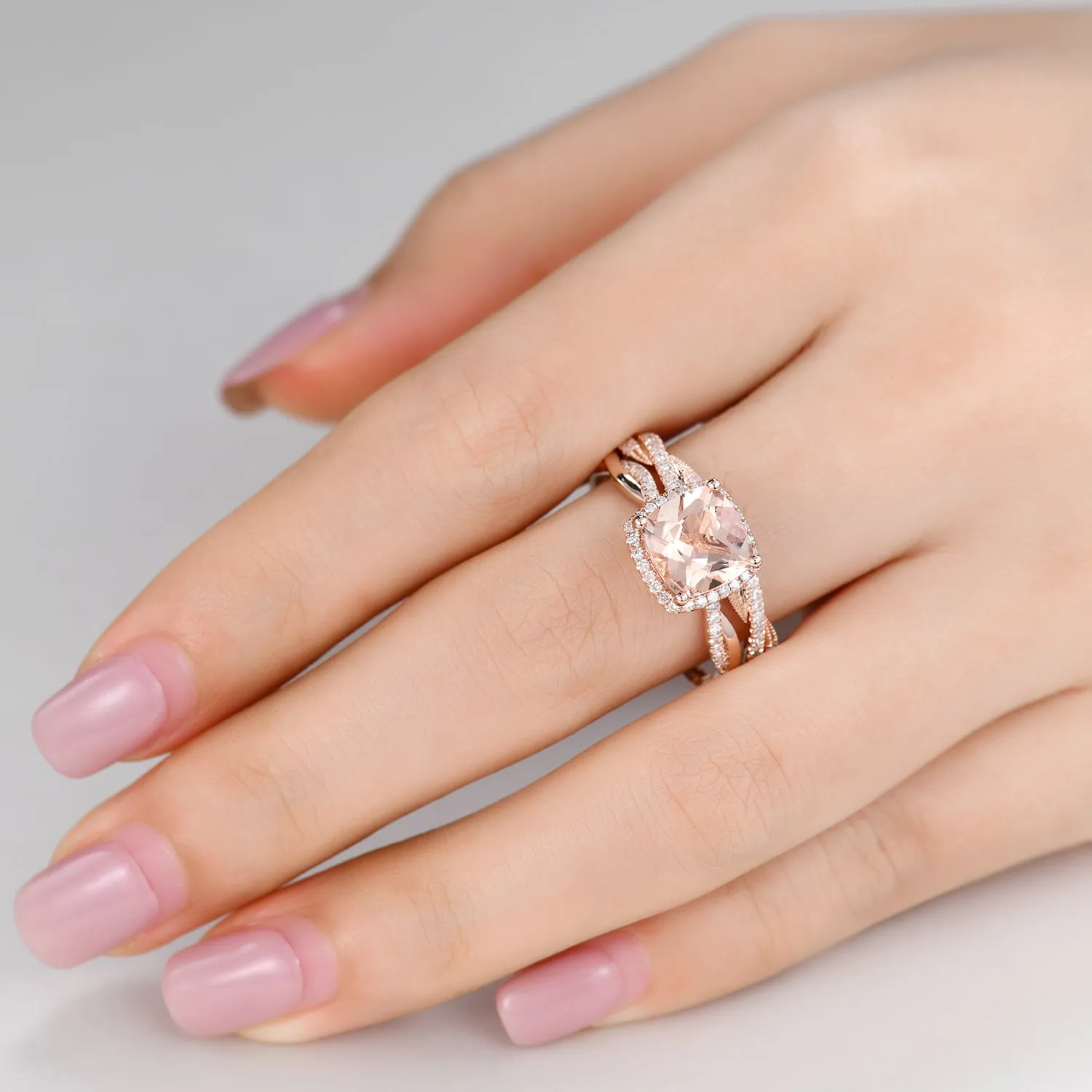 Rose Gold Morganite and Diamond Engagement Ring Set Twist Infinity Wedding Band