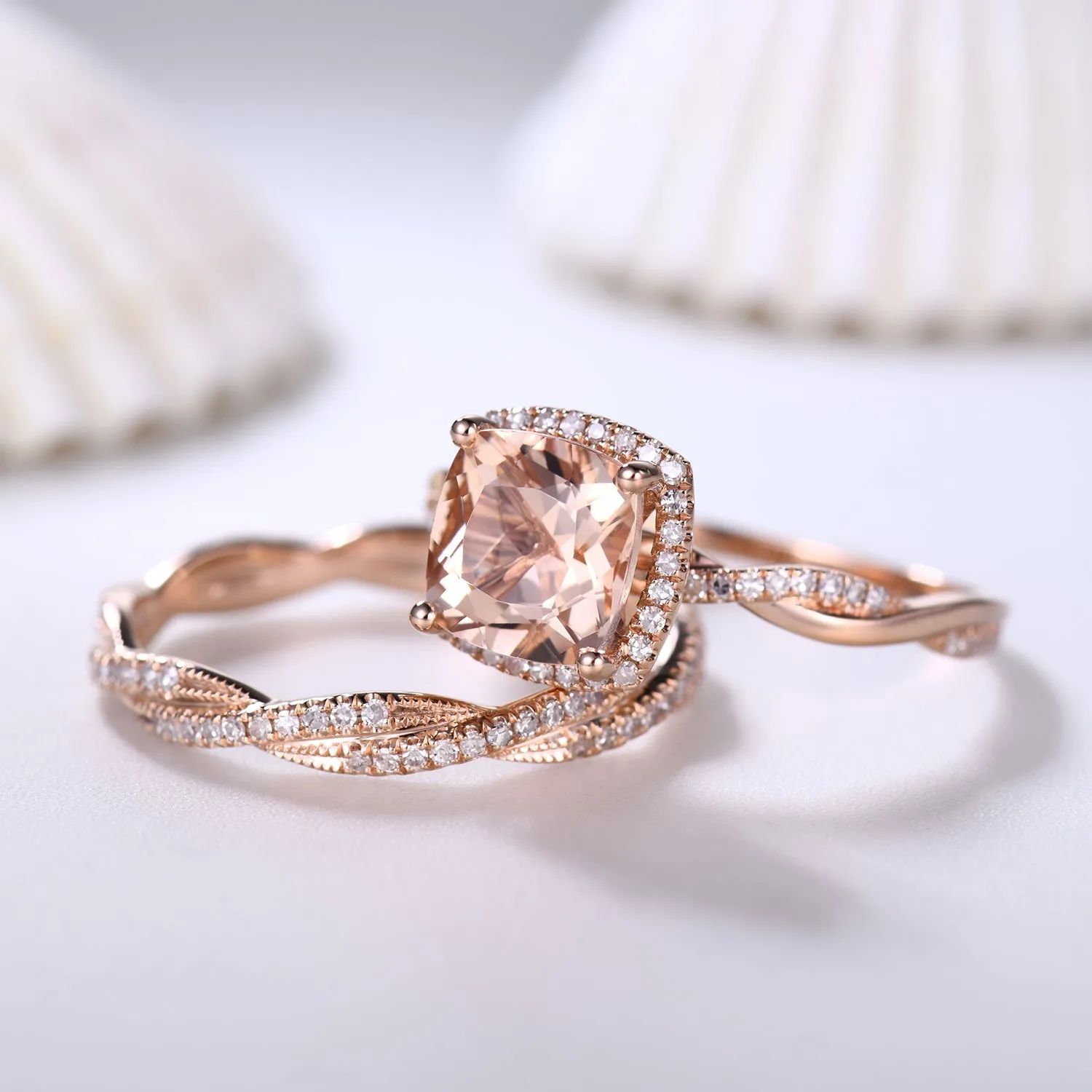 Rose Gold Morganite and Diamond Engagement Ring Set Twist Infinity Wedding Band
