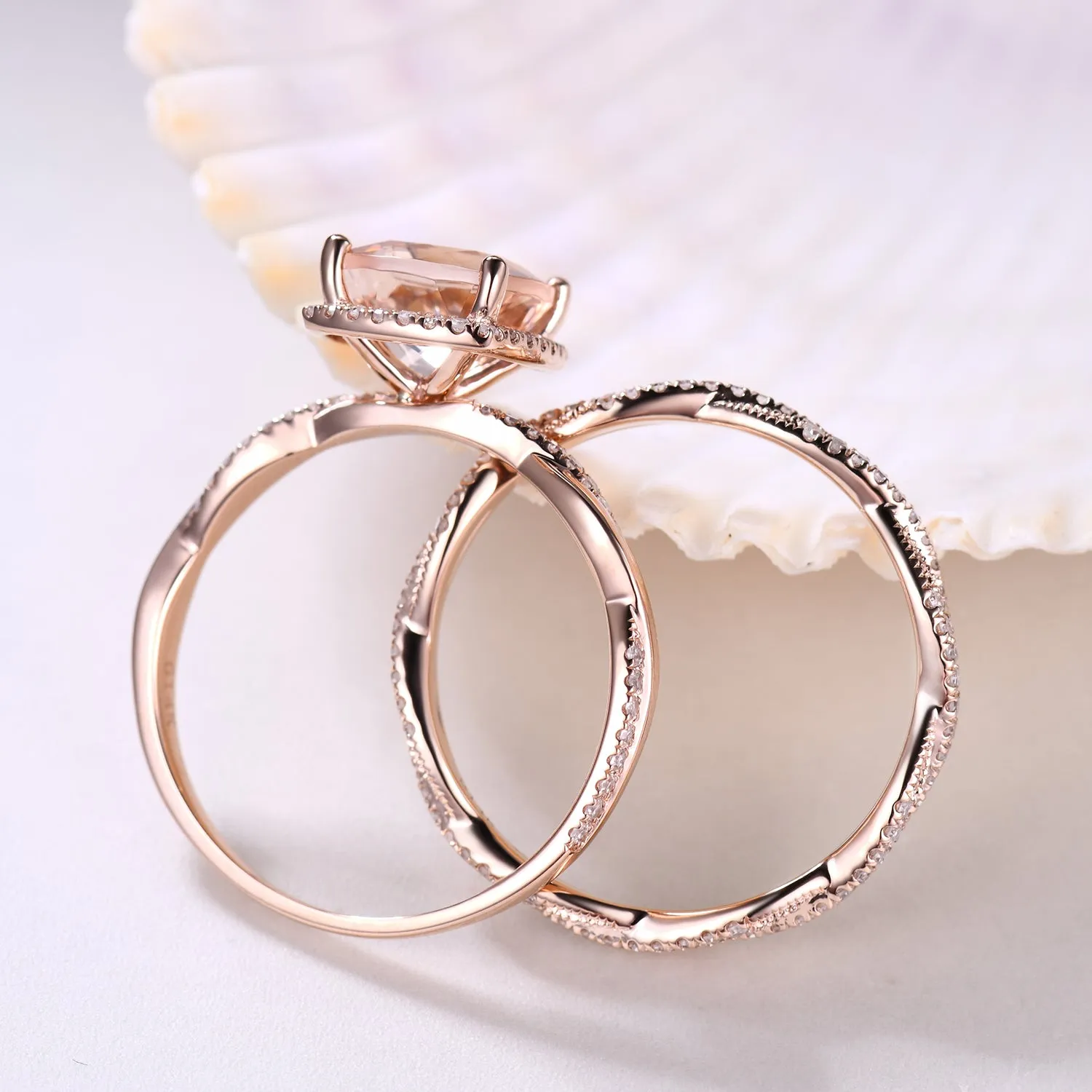 Rose Gold Morganite and Diamond Engagement Ring Set Twist Infinity Wedding Band