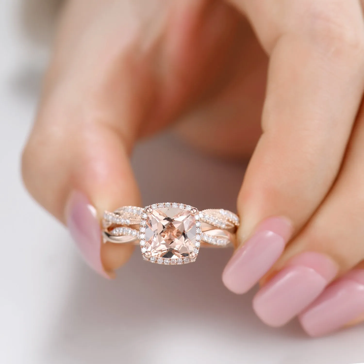 Rose Gold Morganite and Diamond Engagement Ring Set Twist Infinity Wedding Band
