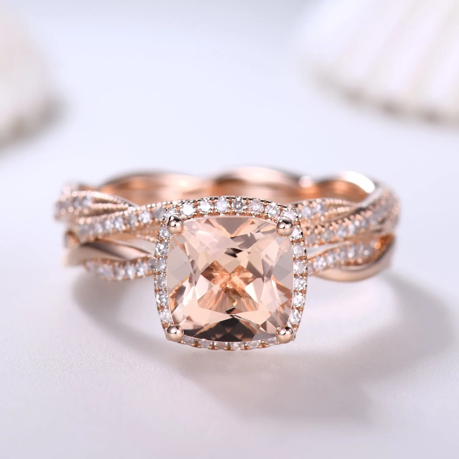 Rose Gold Morganite and Diamond Engagement Ring Set Twist Infinity Wedding Band