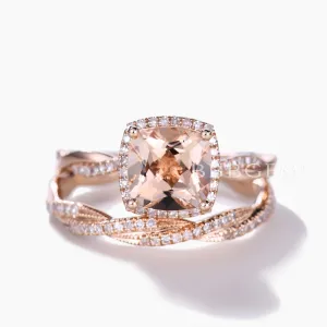 Rose Gold Morganite and Diamond Engagement Ring Set Twist Infinity Wedding Band
