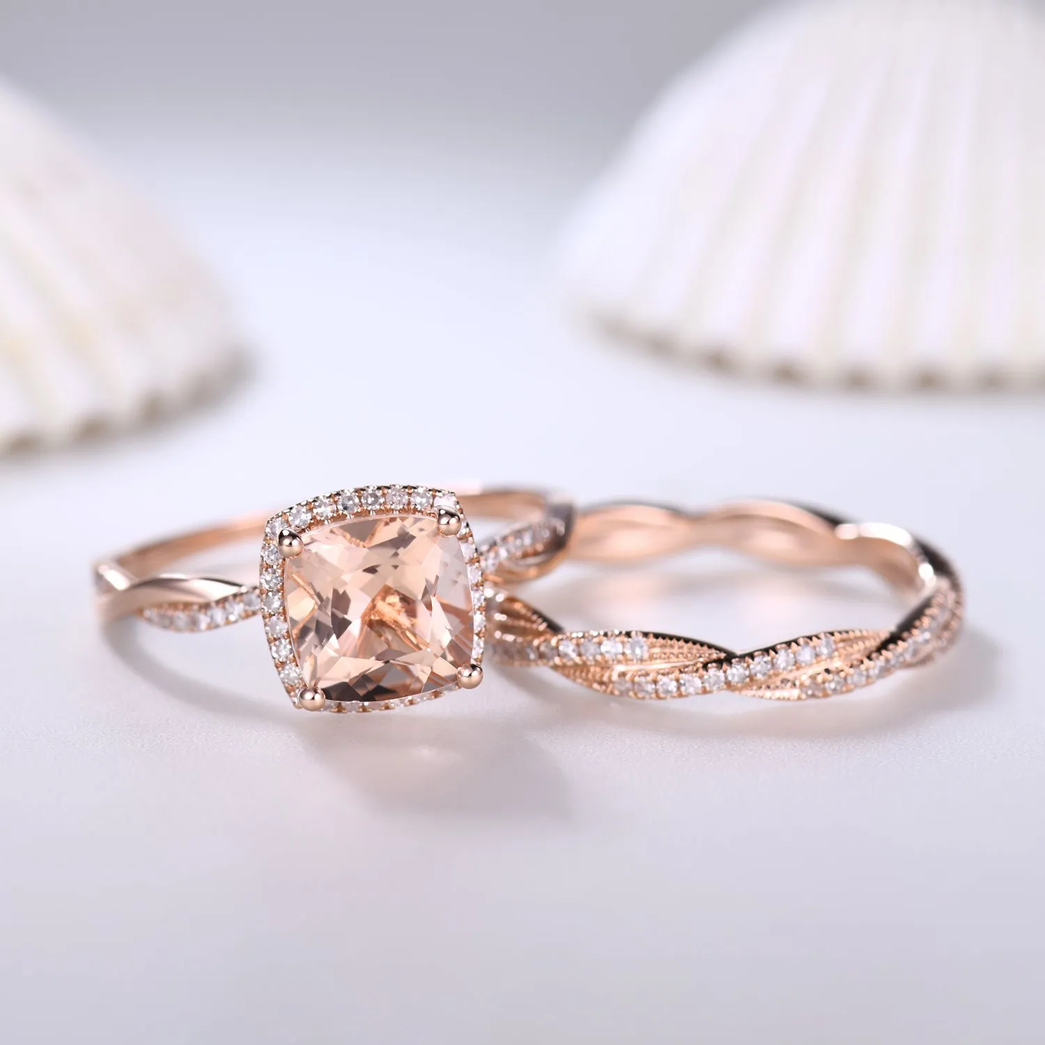 Rose Gold Morganite and Diamond Engagement Ring Set Twist Infinity Wedding Band