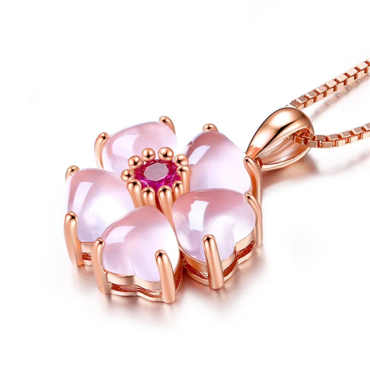 Ross Quartz & Purple Cubic Zirconia Petal Flower Pendant Necklace