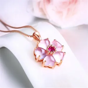 Ross Quartz & Purple Cubic Zirconia Petal Flower Pendant Necklace