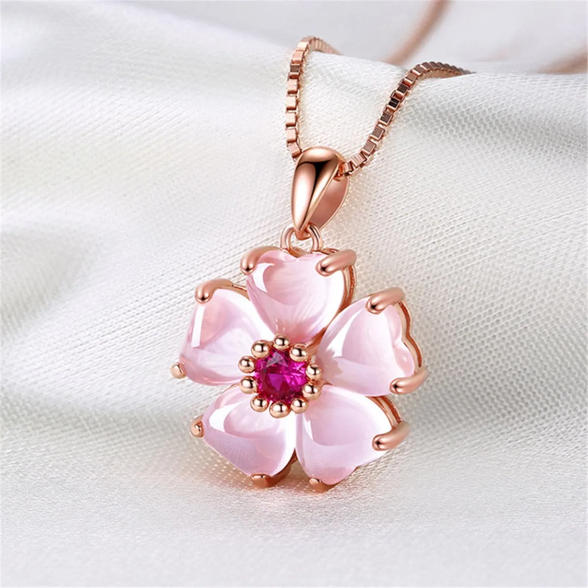 Ross Quartz & Purple Cubic Zirconia Petal Flower Pendant Necklace